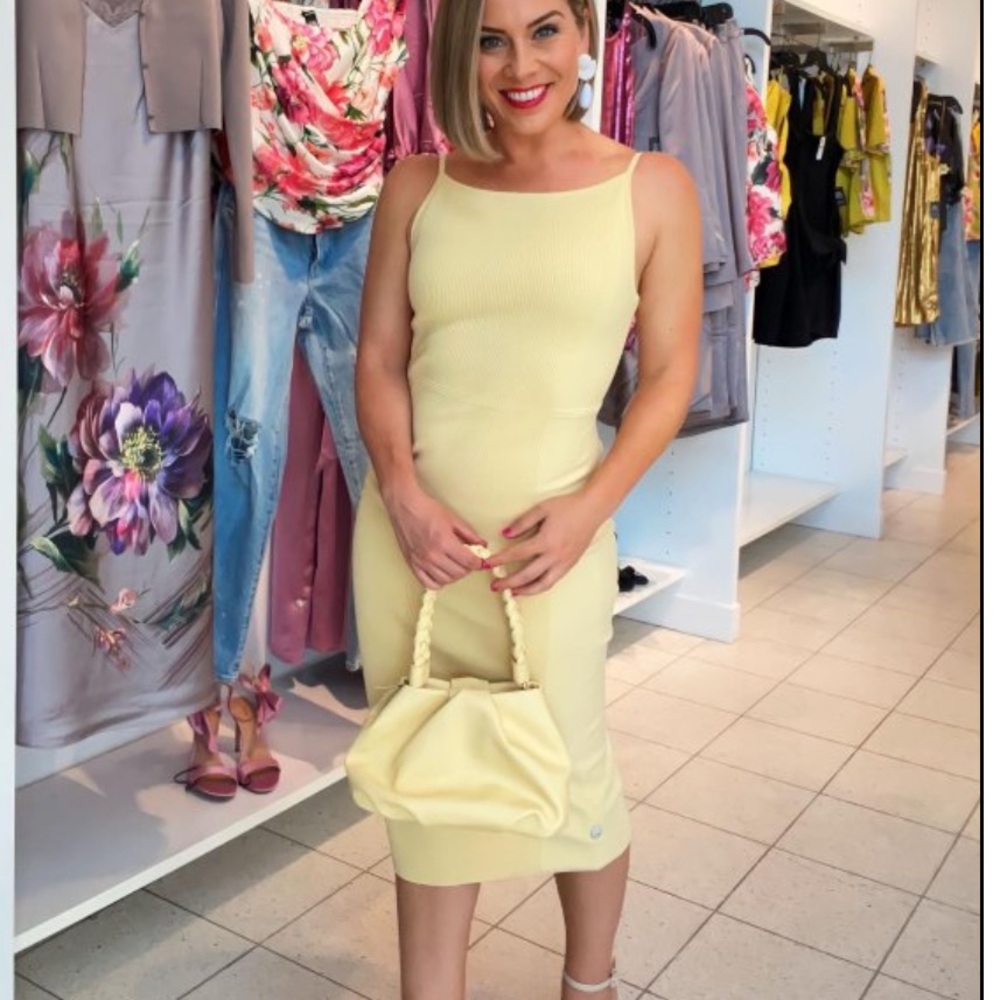 NWT Express Ribbed High Square Neck XL Pale Yellow Sweater Dress - Picture 5 of 5